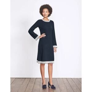 Boden Claudette Black Wool Knit Dress Size 8 White Checkered Long Bell Sleeve